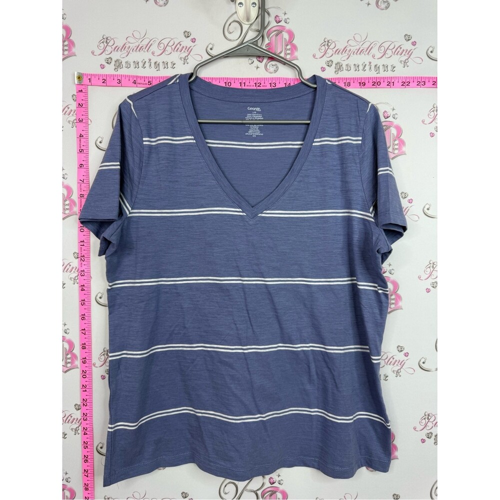 George cotton shirt Blue and White Striped V-Neck Short Sleeve Tee